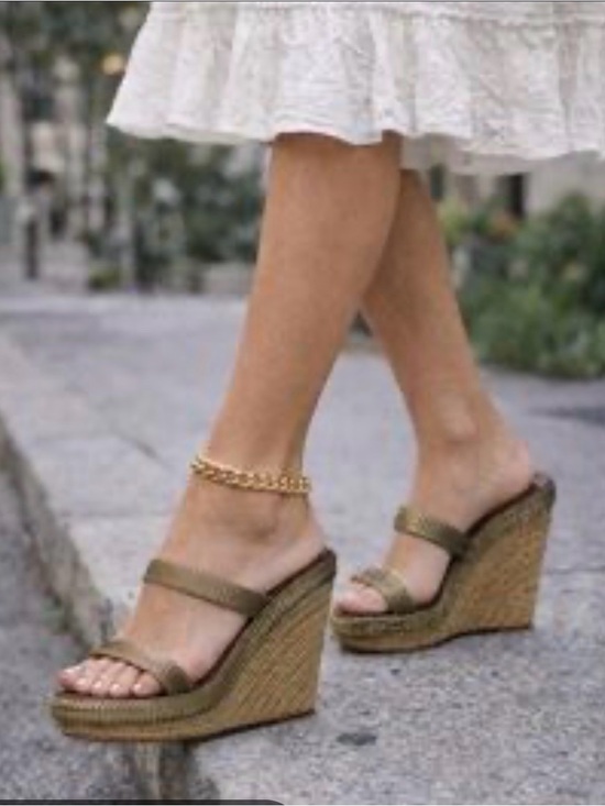 Christian Louboutin Shoes - Christian Louboutin Olive Braided Wedge Sandals with Gold Ankle Chain